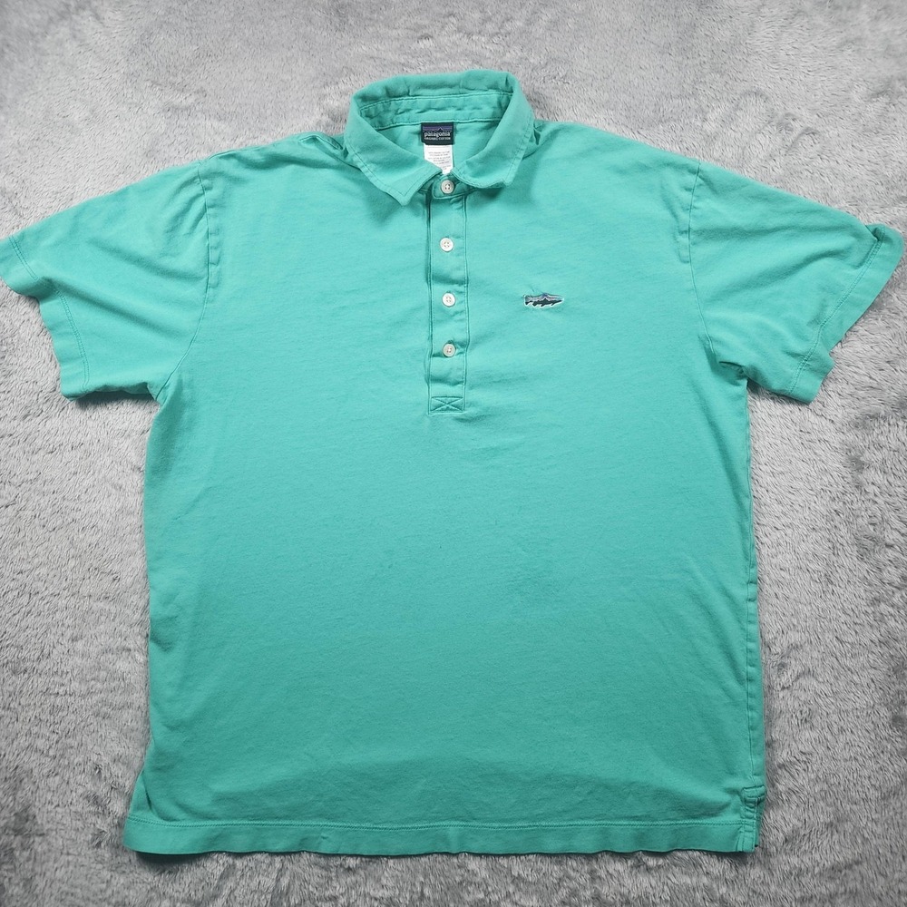Patagonia Trout Fitz Roy Polo Shirt Mens Medium Green Organic Cotton Summer - Picture 5 of 10